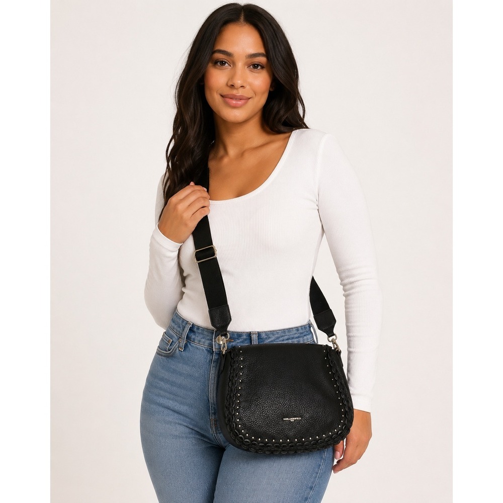 Karl Lagerfeld Paris Black Pebbled Leather Whipstitch Studded Crossbody Bag